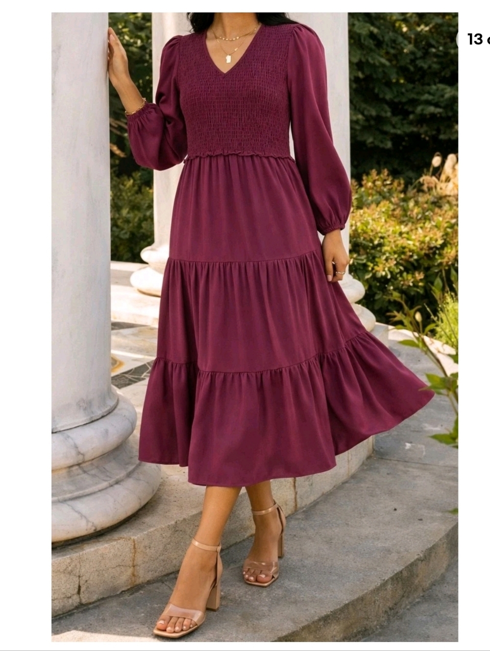 bohme Plum Smocked V‑Neck Tiered Midi Dress